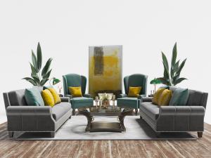 简欧天鹅绒多人沙发、单人沙发和茶几组合