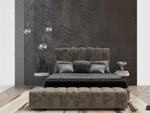 现代软包床头灰色布艺床品的双人床、床尾凳