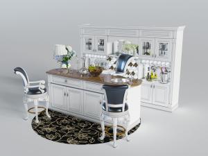 美式白色餐边柜、椭圆形餐桌椅组合