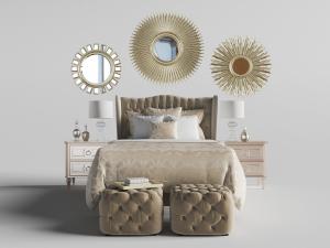 带有装饰镜的简欧软包双人床、床尾凳