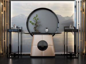 新中式玄关背景墙、案几和盆景