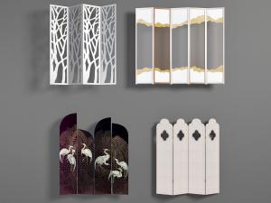 中式带有仙鹤、树枝和山脉图案的屏风