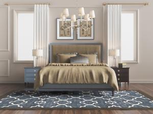 美式蓝灰色实木边框床头双人床、床头柜