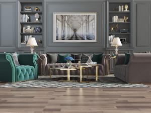 美式镶嵌金边的多人沙发、单人沙发和套叠茶几