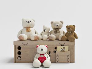 摆放在玩具收纳箱上的布偶小熊