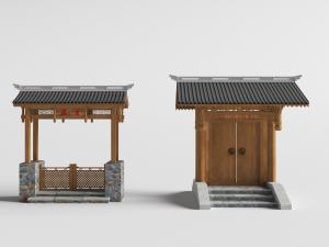 中式古式建筑带瓦片房檐的实木双扇大门