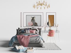 北欧灰色布艺床品的双人床、梳妆台和吊灯