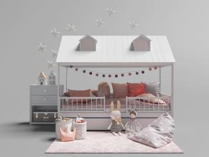 北欧带护栏和房顶的白色实木儿童床