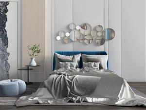 新中式蓝色绒布床头双人床、南瓜坐墩和床头柜