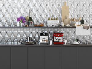 现代黑色餐边柜和高反射菱形背景墙