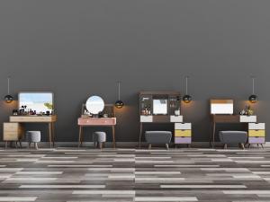 现代多款式梳妆台、化妆品和布艺坐凳