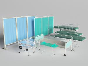 医院门诊病房蓝色可移动屏风、手术床和药品收纳车