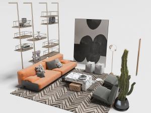 现代橙色绒布多人沙发、灰色单人沙发和金属收纳架