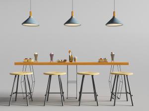 现代细金属支架的长方形实木吧台和吧台凳