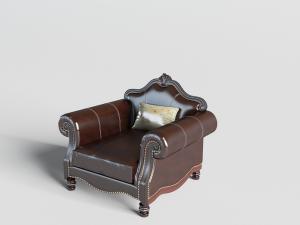 欧式深咖啡色皮革雕花单人沙发