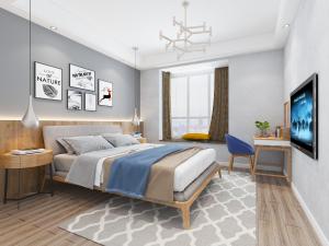 北欧布艺床头实木框架的双人床、床头柜