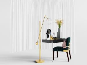 现代轻奢不锈钢金属四脚书桌椅、落地灯3d模型 现代轻奢不锈钢金属四脚书桌椅、落地灯