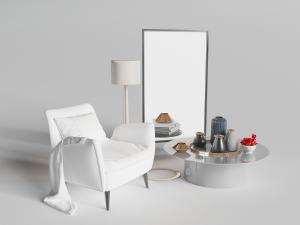 现代白色单人沙发、圆形茶几和陶瓷器皿摆件3d模型 现代白色单人沙发、圆形茶几和陶瓷器皿摆件