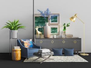 北欧灰色带有金属环拉手的装饰柜、单人沙发和饰品摆件