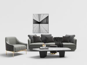 现代轻奢灰色多人沙发、单人沙发和异形茶几组合
