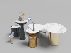 现代圆形大理石台面的茶几、边几和台灯3d模型 现代圆形大理石台面的茶几、边几和台灯