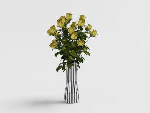 黄色玫瑰花束和条纹玻璃花瓶花卉