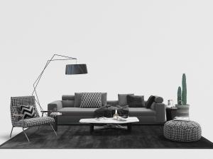 北欧多人灰色长沙发、休闲椅和坐墩