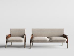 北欧实木框架的布艺双人沙发、单人沙发