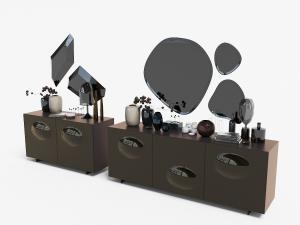 后现代咖啡色装饰柜、不规则镜面和饰品摆件