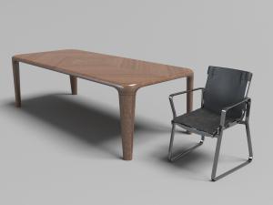 现代实木长方形书桌、金属支架椅子3d模型 现代实木长方形书桌、金属支架椅子