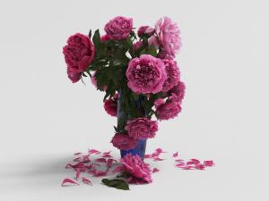 蓝色玻璃花瓶玫红色牡丹花花瓶花卉