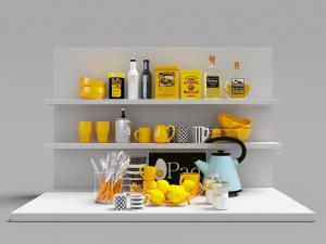 隔板上的杯子、刀叉、热水壶厨具