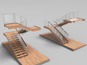 现代不锈钢栏杆实木台阶的转角楼梯3d模型 现代不锈钢栏杆实木台阶的转角楼梯