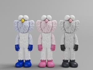 蓝色、粉色和黑色卡通人物雕塑