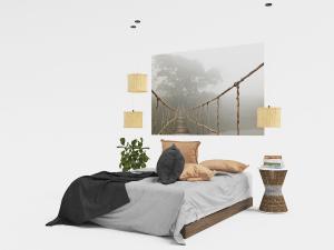 没有床头的双人床、编织茶几和吊灯