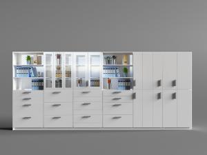 白色带抽屉和玻璃柜门的文件收纳柜