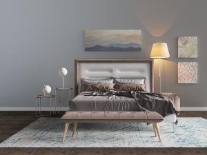 现代轻奢软包床头双人床、金属边几和床尾凳