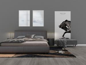 现代皮革软包双人床、装饰画和床头柜