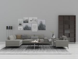 北欧灰色转角长沙发、单人沙发和圆形茶几沙发组合