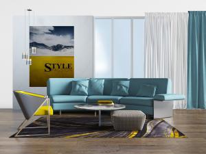 现代湖蓝色弧形多人沙发、休闲椅和茶几