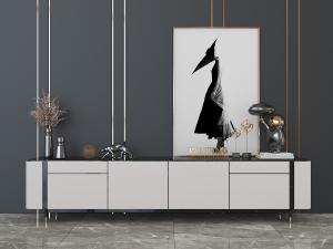 现代轻奢灰白色电视柜、装饰画和饰品摆件