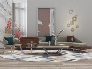 新中式异形长沙发、休闲椅和茶几