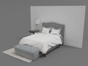 简欧灰色带铆钉床头的双人床、床尾凳