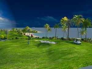 户外高尔夫球场、椰树和沙滩