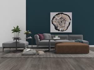 现代灰色长沙发、坐凳和软包茶几