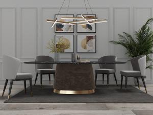 现代黑色大理石台面的餐桌、皮革餐椅