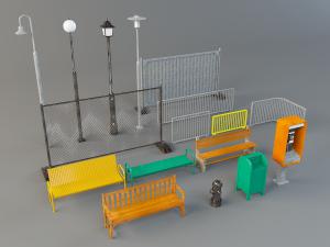 路灯、铁丝网路障、垃圾桶和长椅等公共设备组合