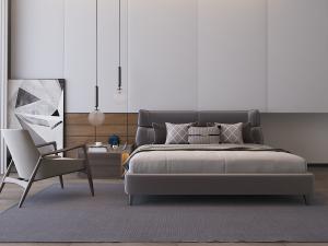 现代带有弧度床头的双人床、吊灯和休闲椅