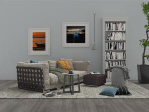 美式田园网格框架的长沙发、坐墩和书柜