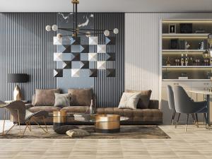 现代皮革多人沙发、套叠茶几和休闲椅沙发组合